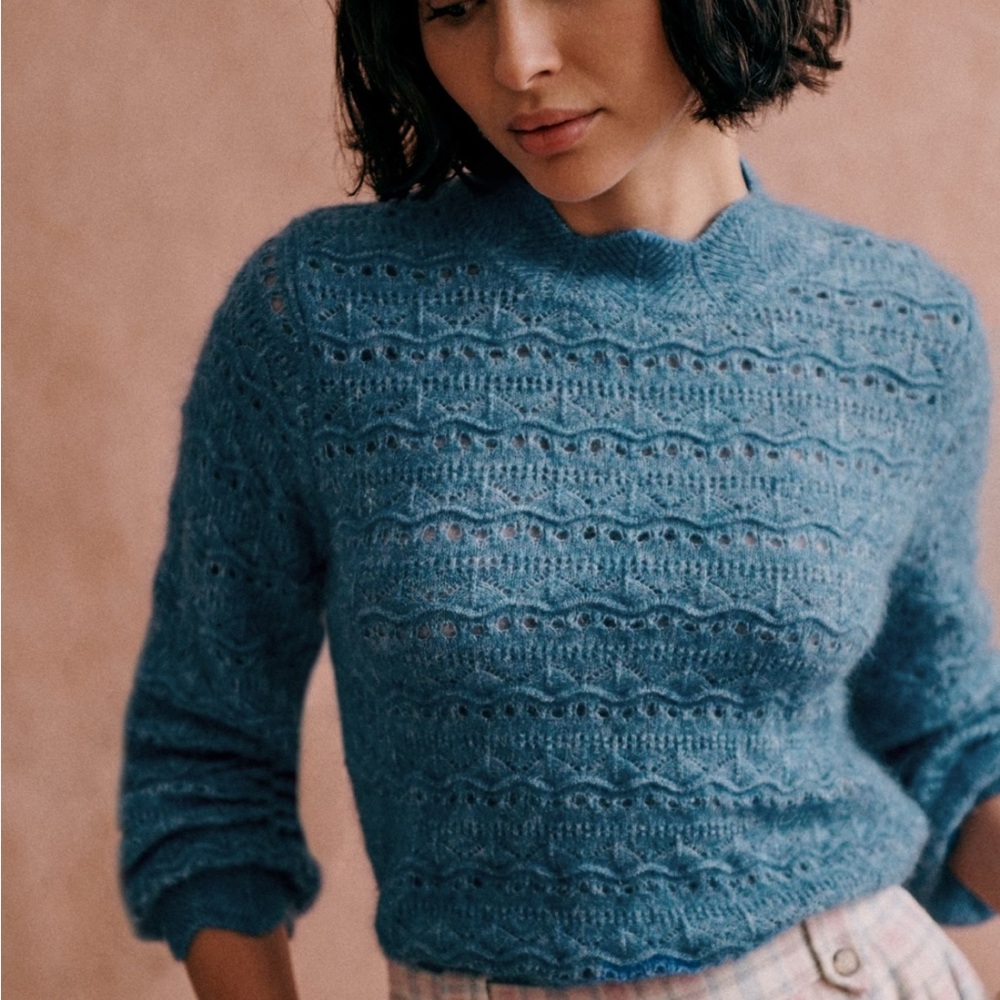 Sezane Blue Openwork Crewneck Sweater